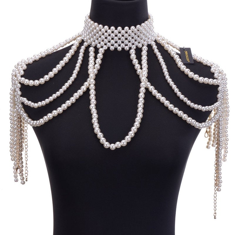 Jerollin Simulated Pearl Body Statement Necklace for Women, Fashion Collar Bib Necklaces Costume Jewelry White - Image 3